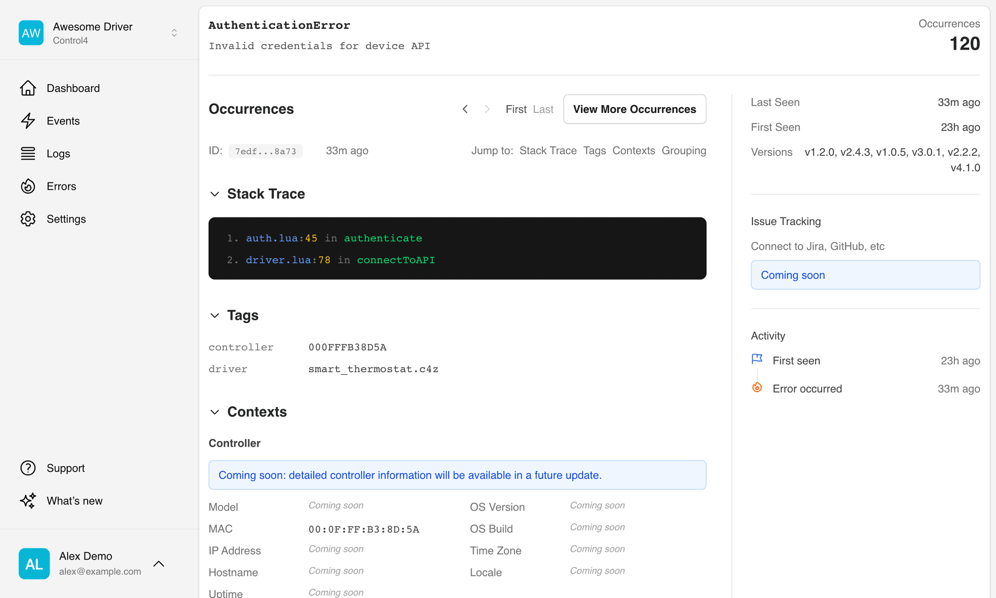 Anvil error tracking for a Control4 driver