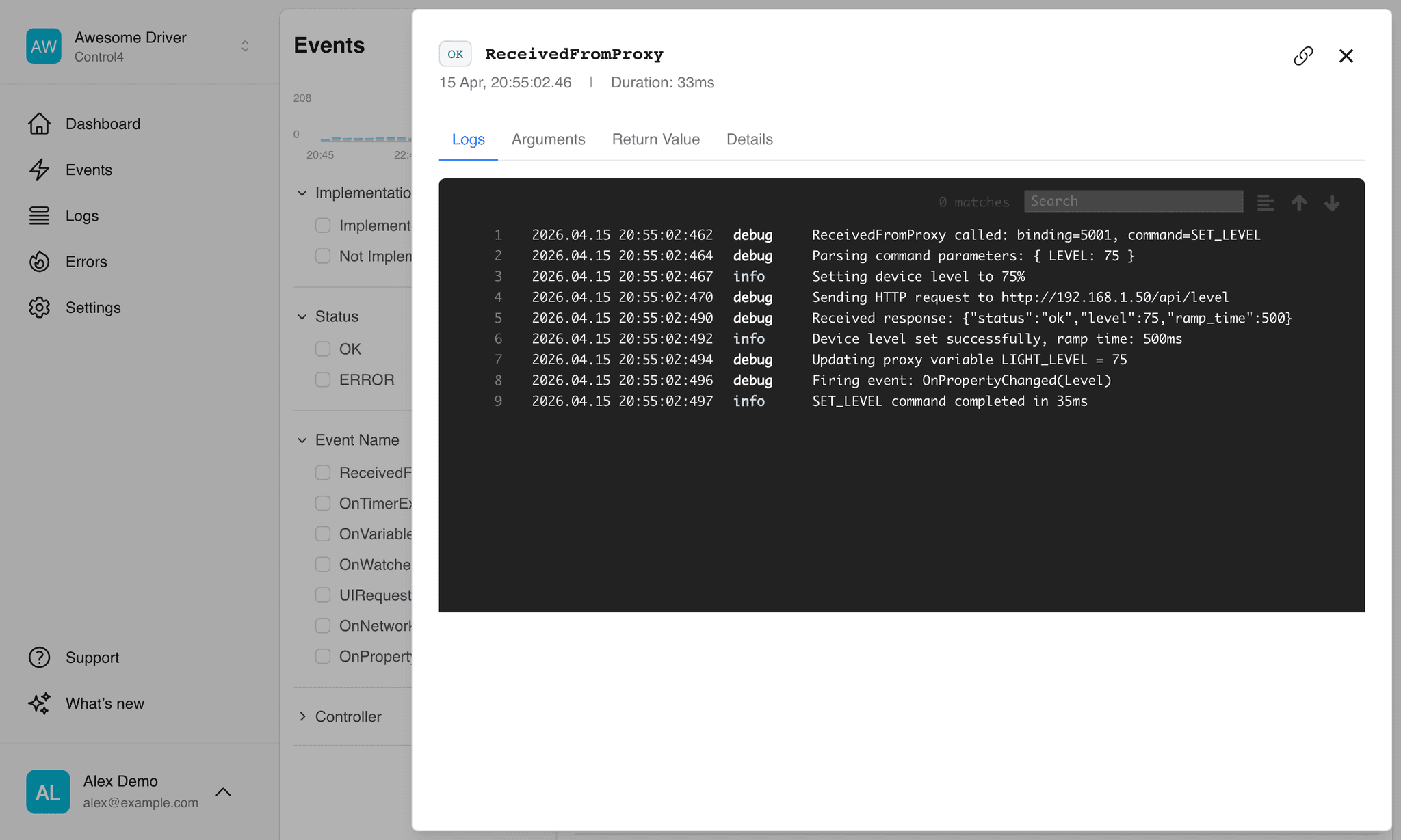 Anvil events stream for a Control4 driver